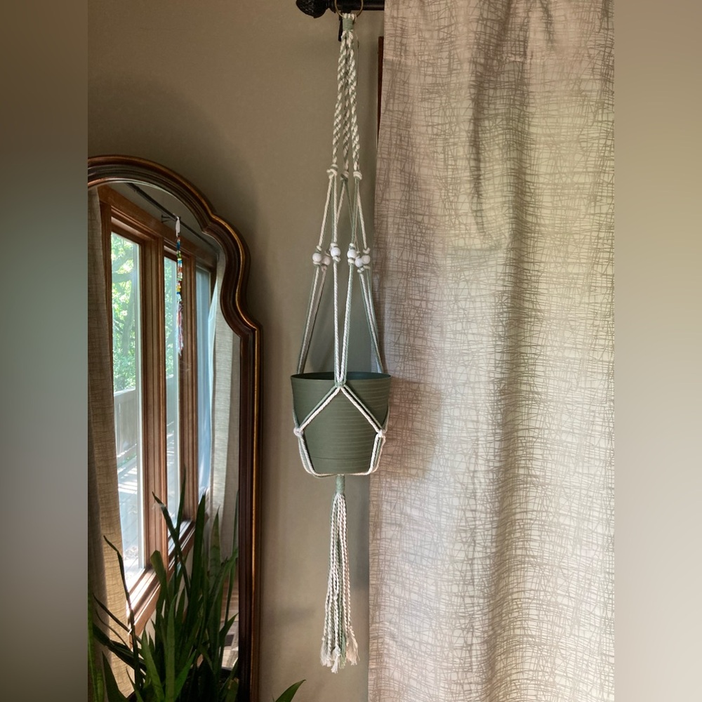 Handcrafted Sage/Cream Macrame Plant Hanger Wooden Beads (Planter Not Included)
